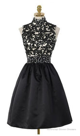 A-Line High Neck Open Back Above-Knee Black Homecoming Dress 2025 with Lace Sequins